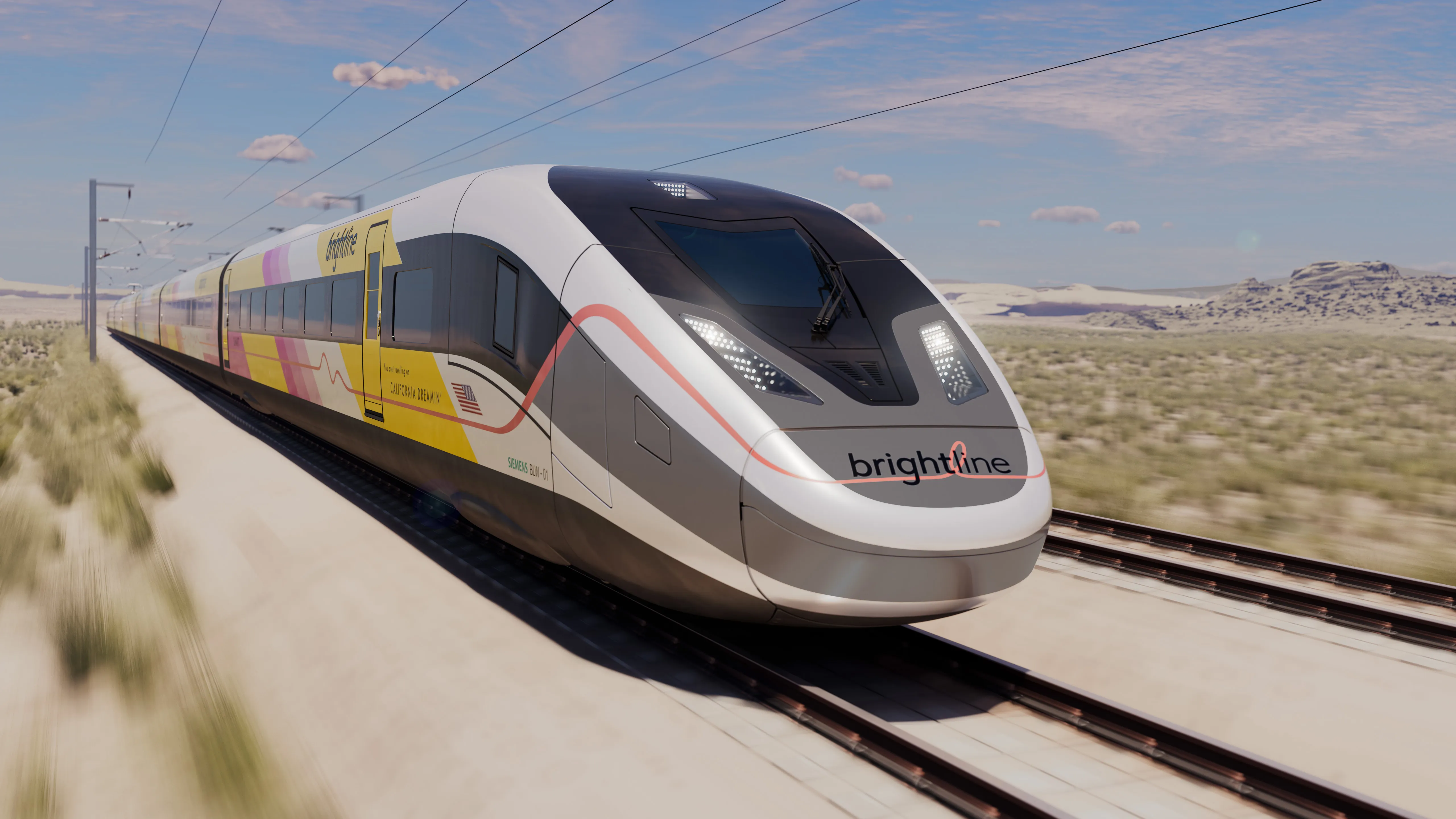 An illustration of a Brightline West high-speed train.