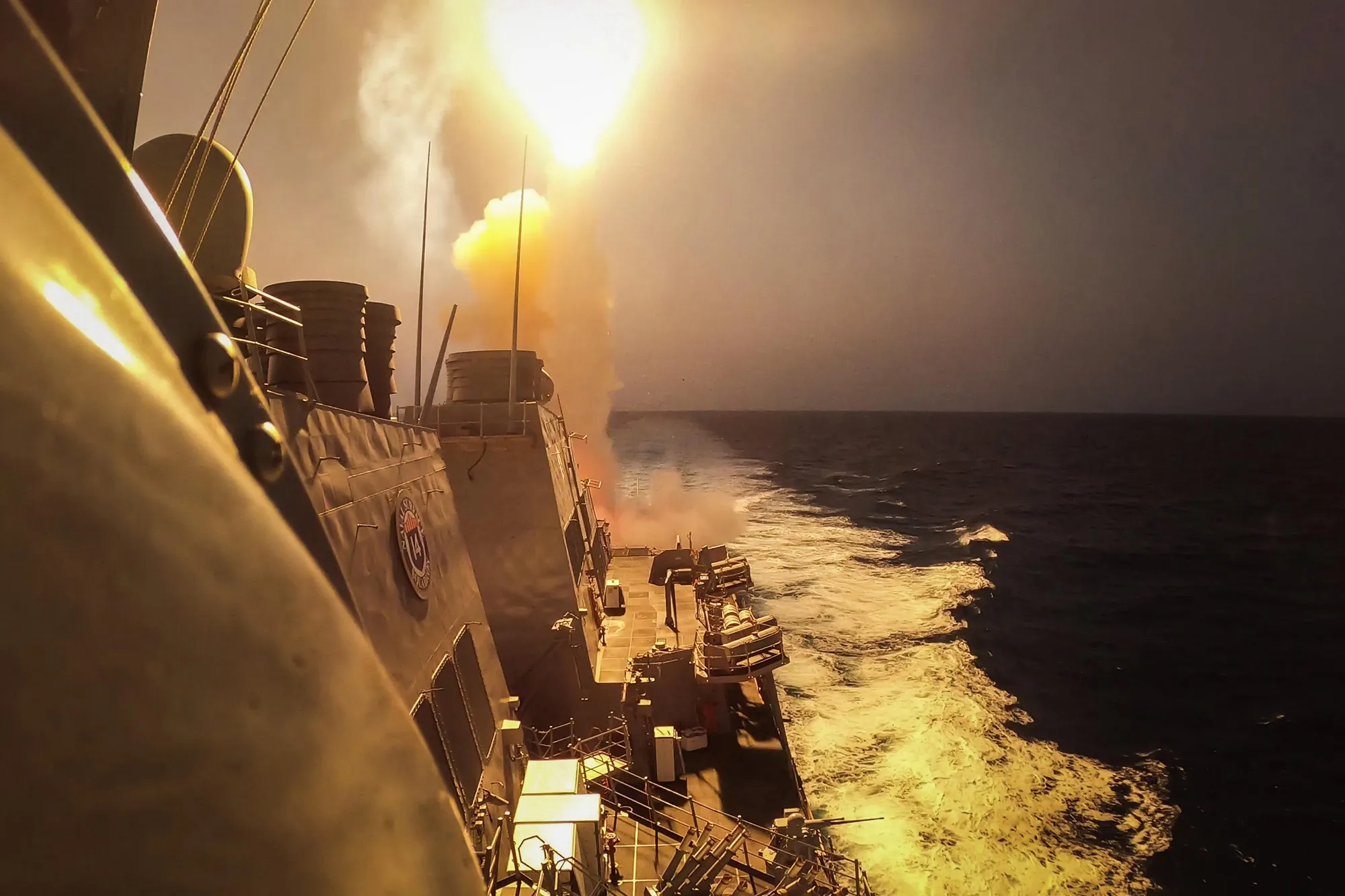USS Carney fires a missile in the the direction of Houthi positions in the Red Sea on Oct. 19.
