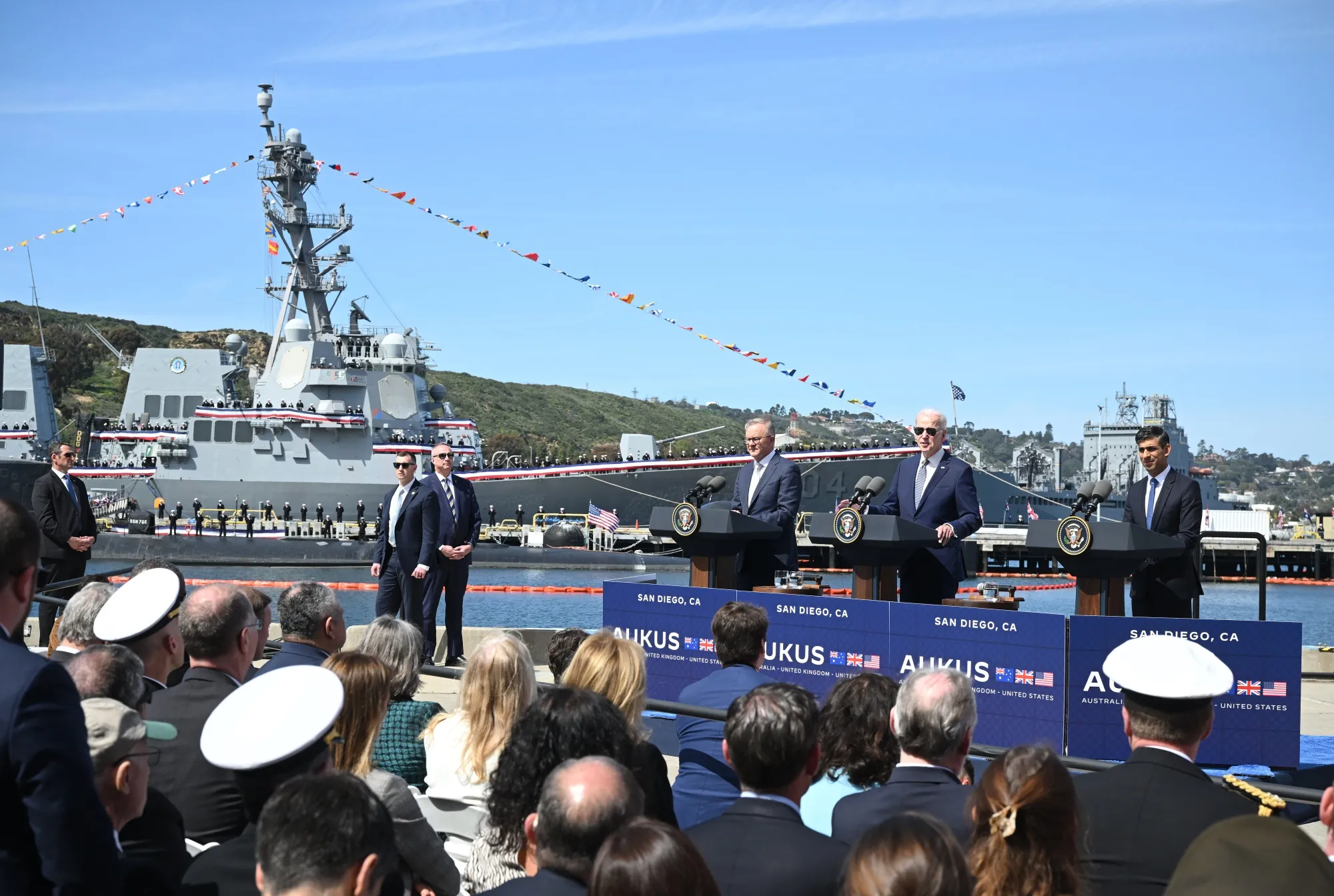 Anthony Albanese, Joe Biden and Rishi Sunak hold a press conference in San Diego on March 13.