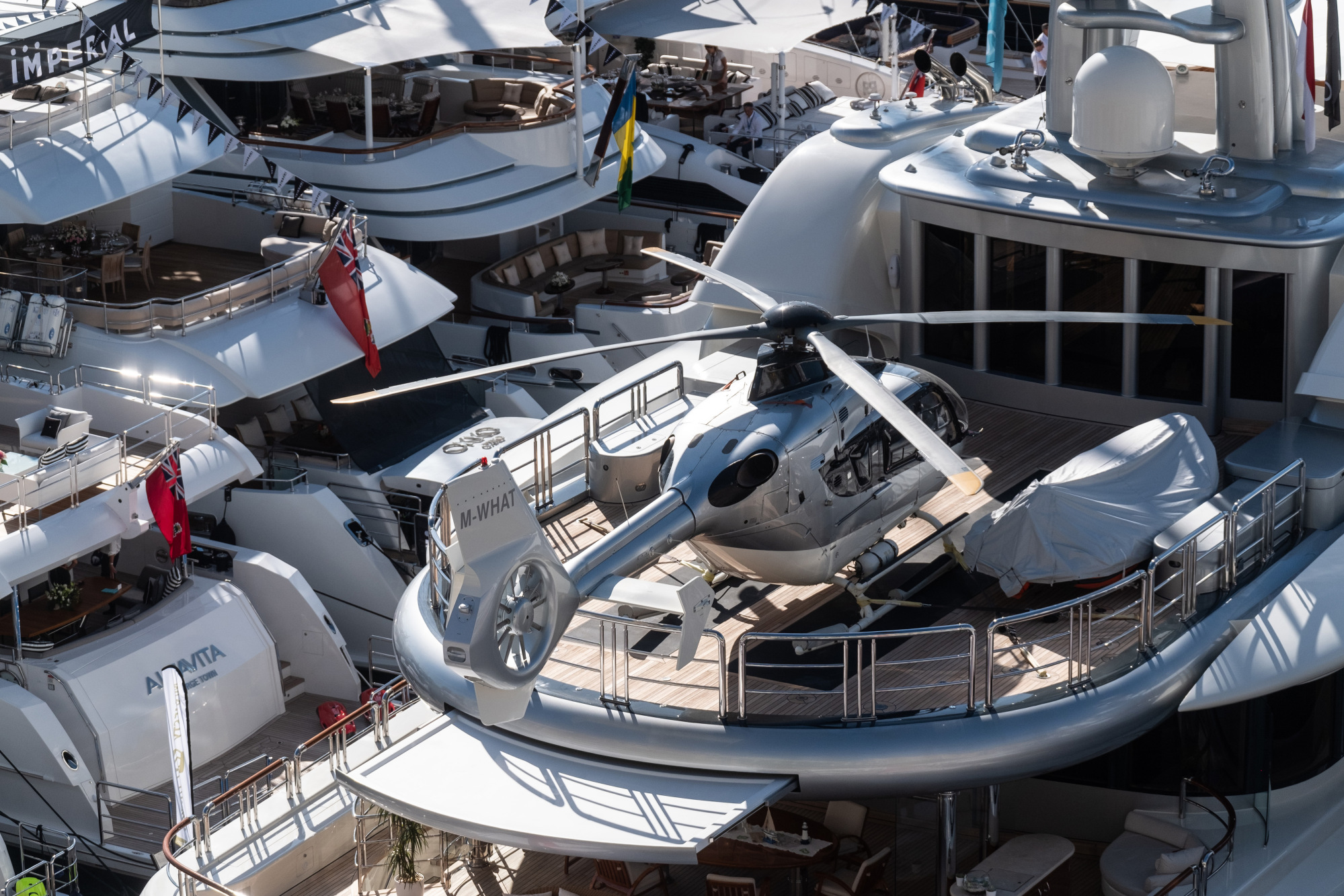An M-What helicopter, manufactured by Airbus Helicopters SAS, sits on the helipad of luxury superyacht Anna I, manufactured by Feadship Royal Dutch Shipyards, during the Monaco Yacht Show (MYS) in Port Hercules, Monaco, on Wednesday, Sept. 26, 2018. Over 125 of the world's most luxurious yachts will be displayed during the 28th MYS, which runs Sept. 26 - 29.