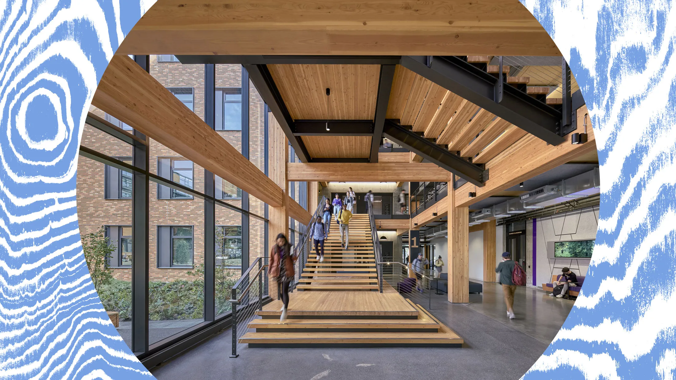 Founders Hall, at the University of Washington’s Foster School of Business, is estimated to have a carbon footprint one-quarter the size of a conventional concrete building’s thanks in large part to its mass timber structure. The building was designed by LMN Architects.