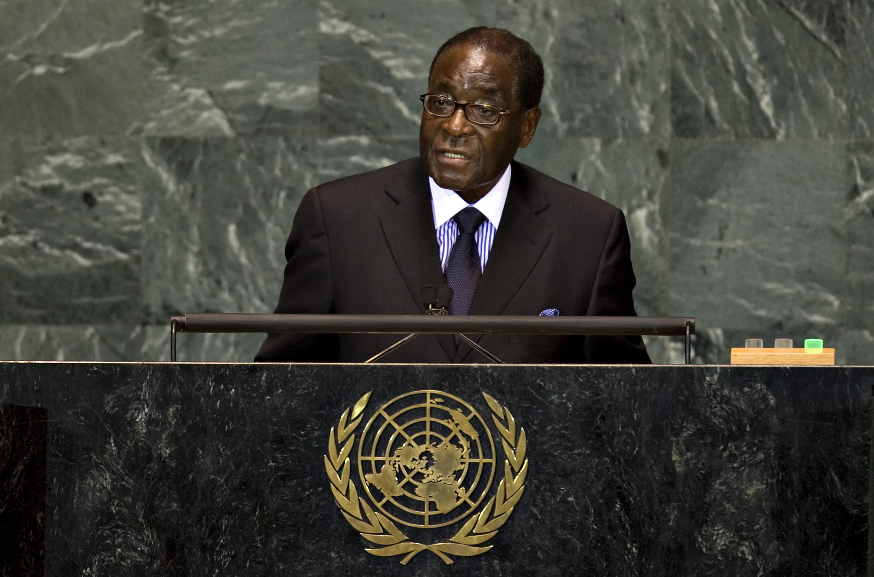 Robert Mugabe, president of Zimbabwe, speaks at the 64th annual United Nations General Assembly in New York, U.S.
