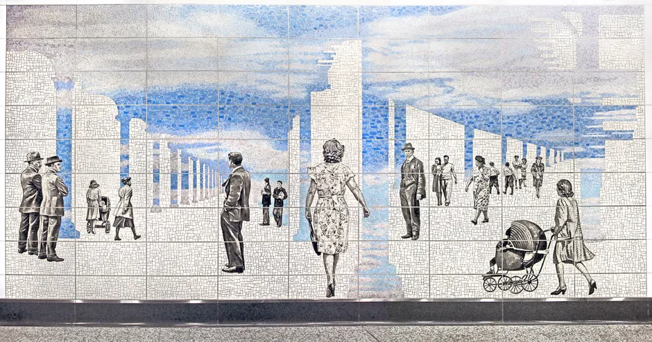 An artwork inside one of the new Second Avenue subway stations references Manhattan's old 2nd and 3rd Avenue elevated trains.