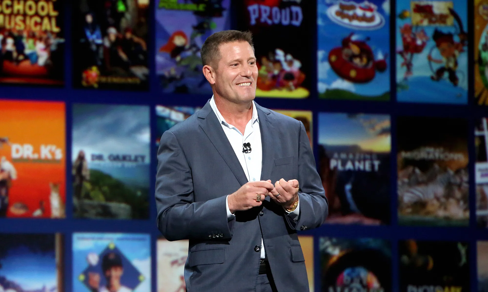Kevin Mayer&nbsp;presents during&nbsp;the Disney+ Showcase at the D23 Expo&nbsp;in Anaheim, California,&nbsp;on Aug. 23, 2019.