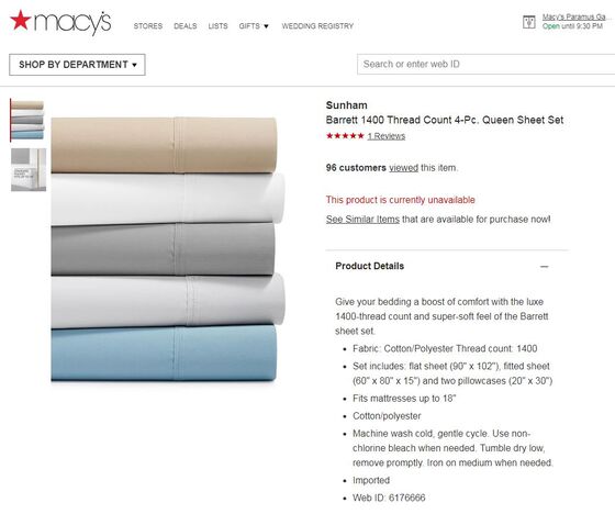 Macy's Website No Longer Offers Sheet Set Questioned by Agency