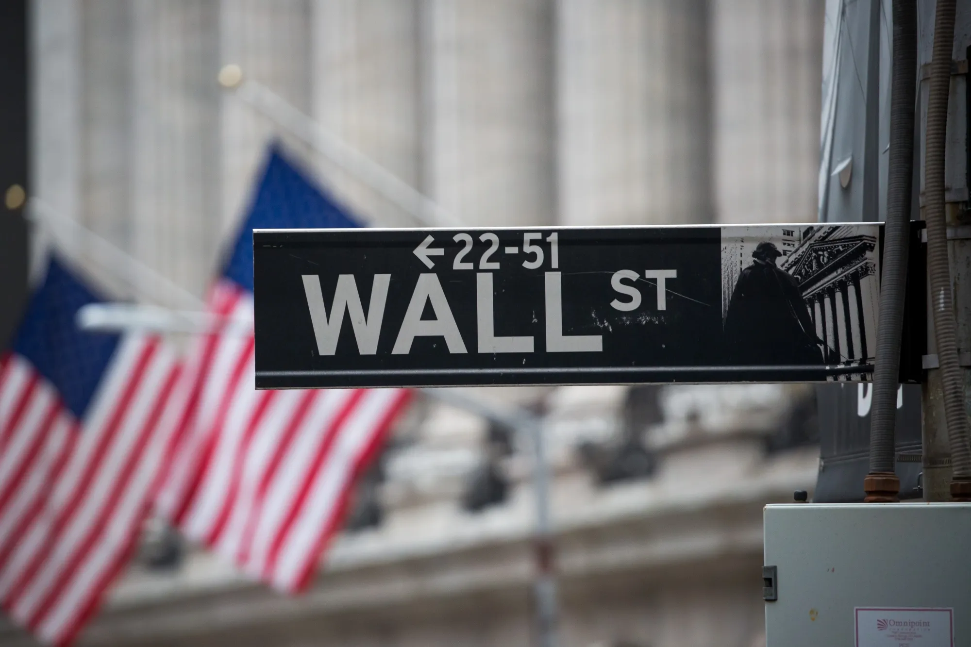 A Wall Street sign d in front of New York Stock Exchange.