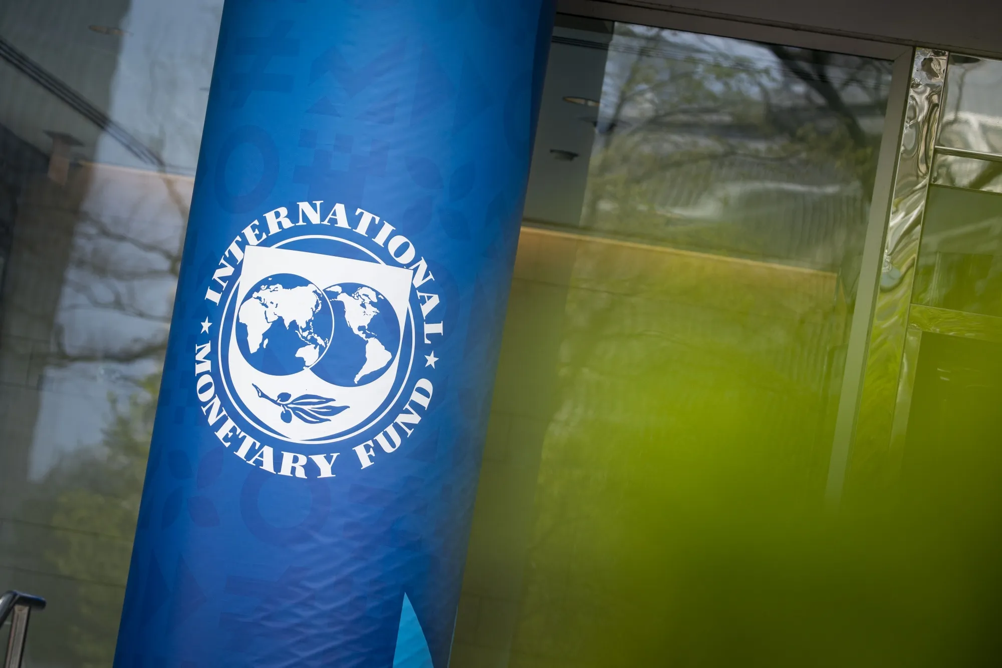 Signage outside the International Monetary Fund headquarters in Washington, DC.
