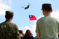 Helicopter With Huge Taiwan National Flag Flyover Rehearsal For Double-Ten National Day Celebration