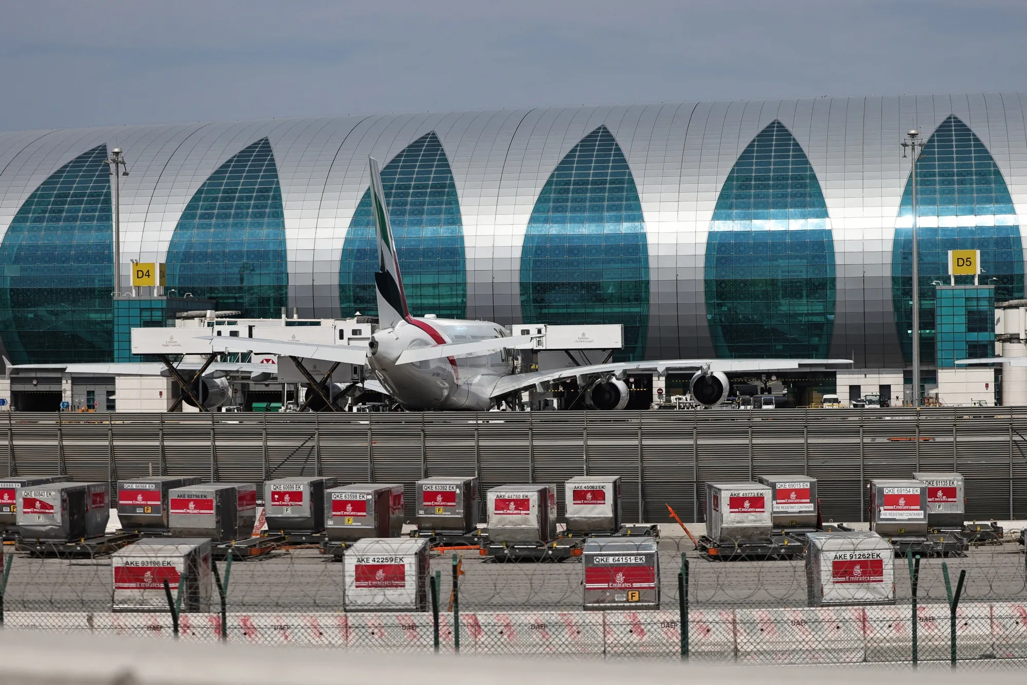 An Emirates Airlines plane parked at Dubai International Airport&nbsp;last month.