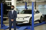 Justin Trudeau, Canada's prime minister, stands in front of a Ford Mach-5 electric vehicle during a news conference&nbsp;in Ottawa, Ontario, Canada in 2020.&nbsp;