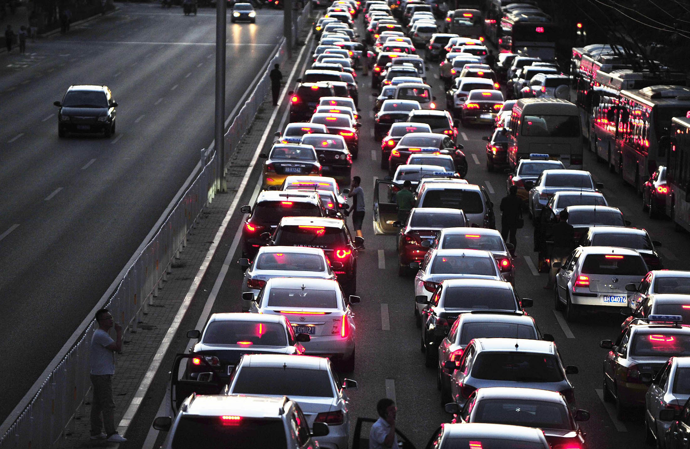 Vehicles stuck on the road at the evening rush hours in Beijing.
