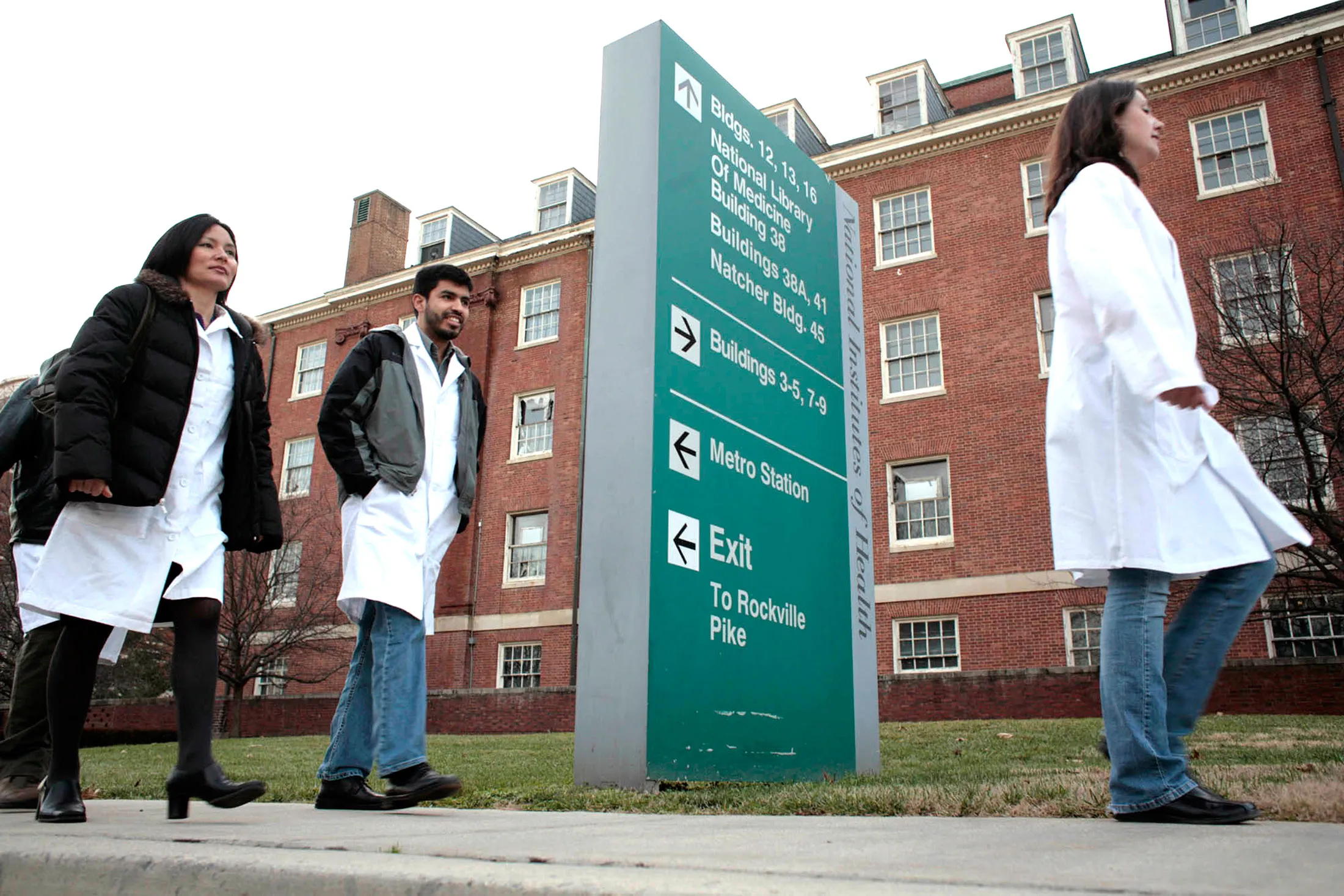 Researchers on the campus of the National Institutes of Health in Bethesda, Maryland.
