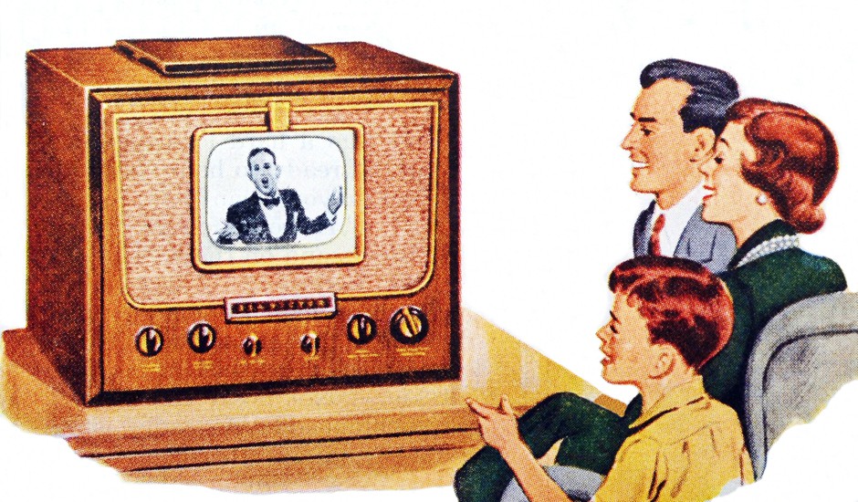 Vintage illustration of an American family watching a program on a television set, late 1940s.