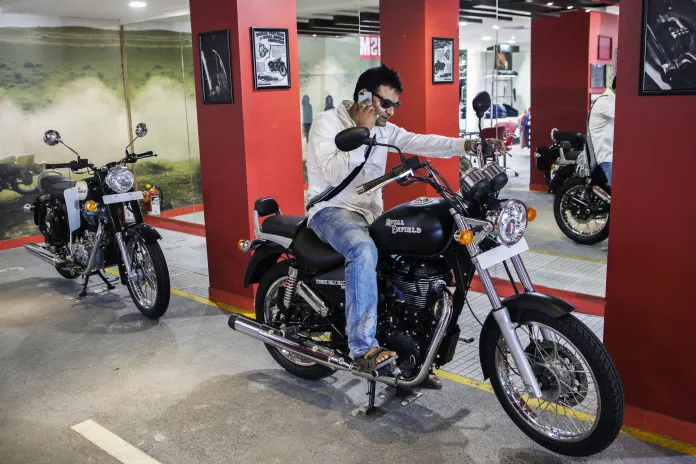 A customer tests&nbsp;out an Eicher Motors Ltd. Royal Enfield Thunderbird 500 motorcycle.&nbsp;