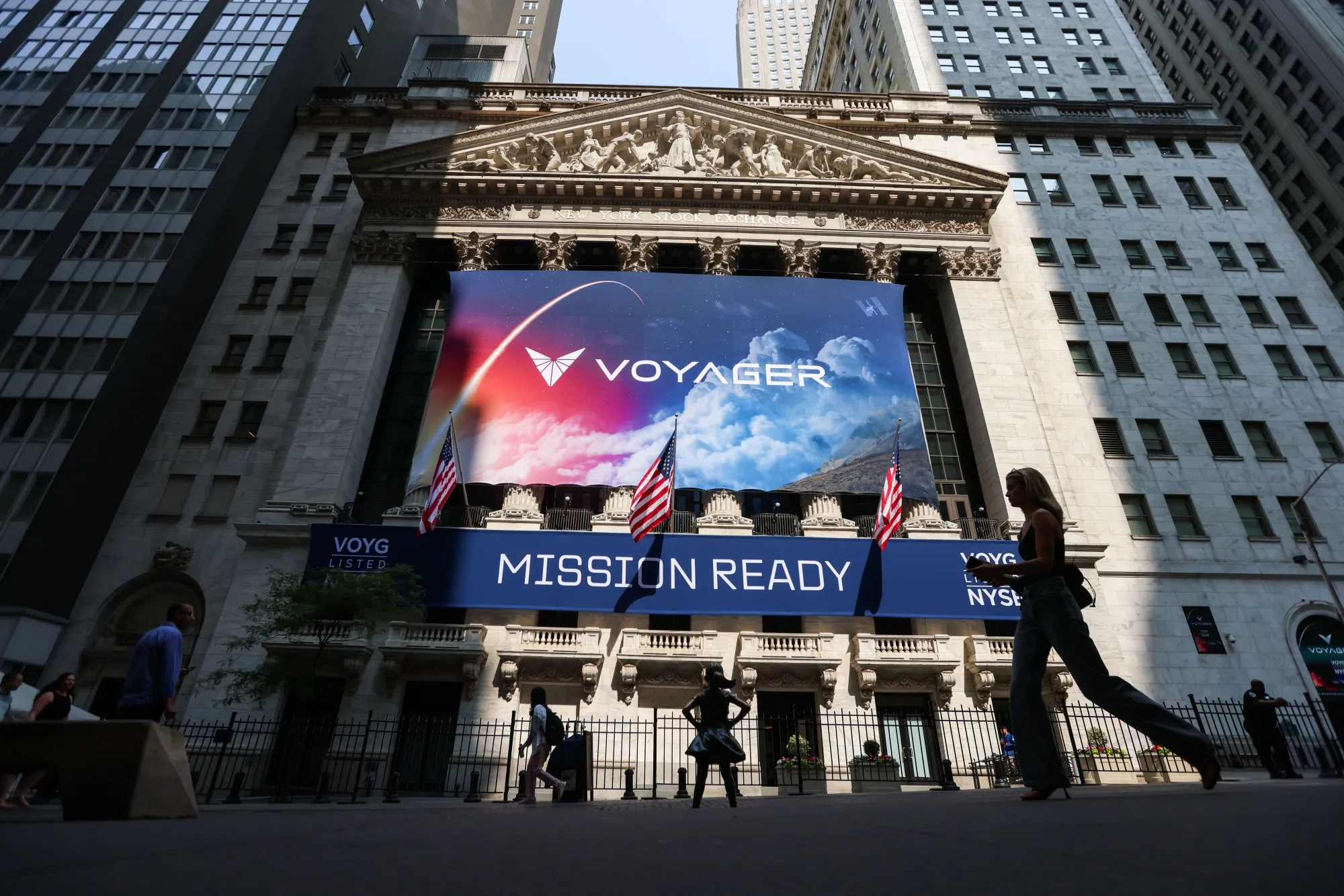 Voyager Technologies signage outside the New York Stock Exchange during the company's IPO on June 11.