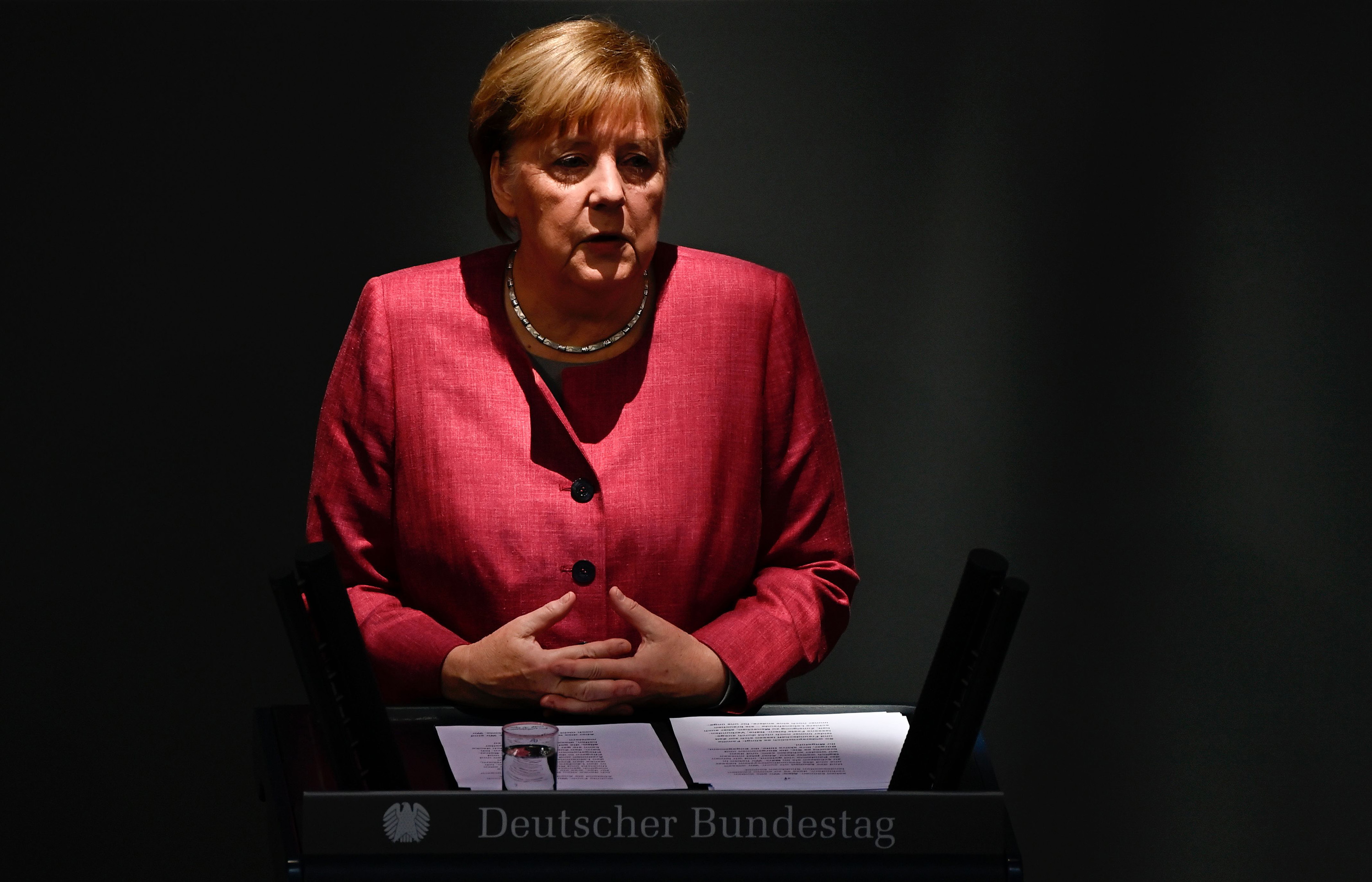 Angela Merkel speaks during a session at the Bundestag in Berlin on Sept. 30.