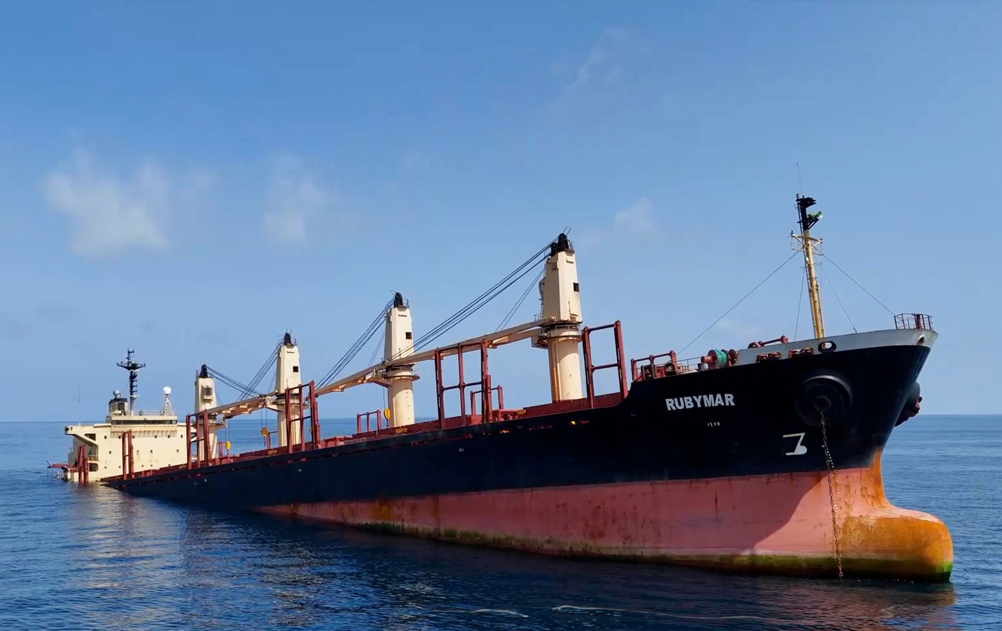 The Rubymar cargo ship partly submerged off the coast of Yemen on March 3, 2024, after being attacked by the Houthis.