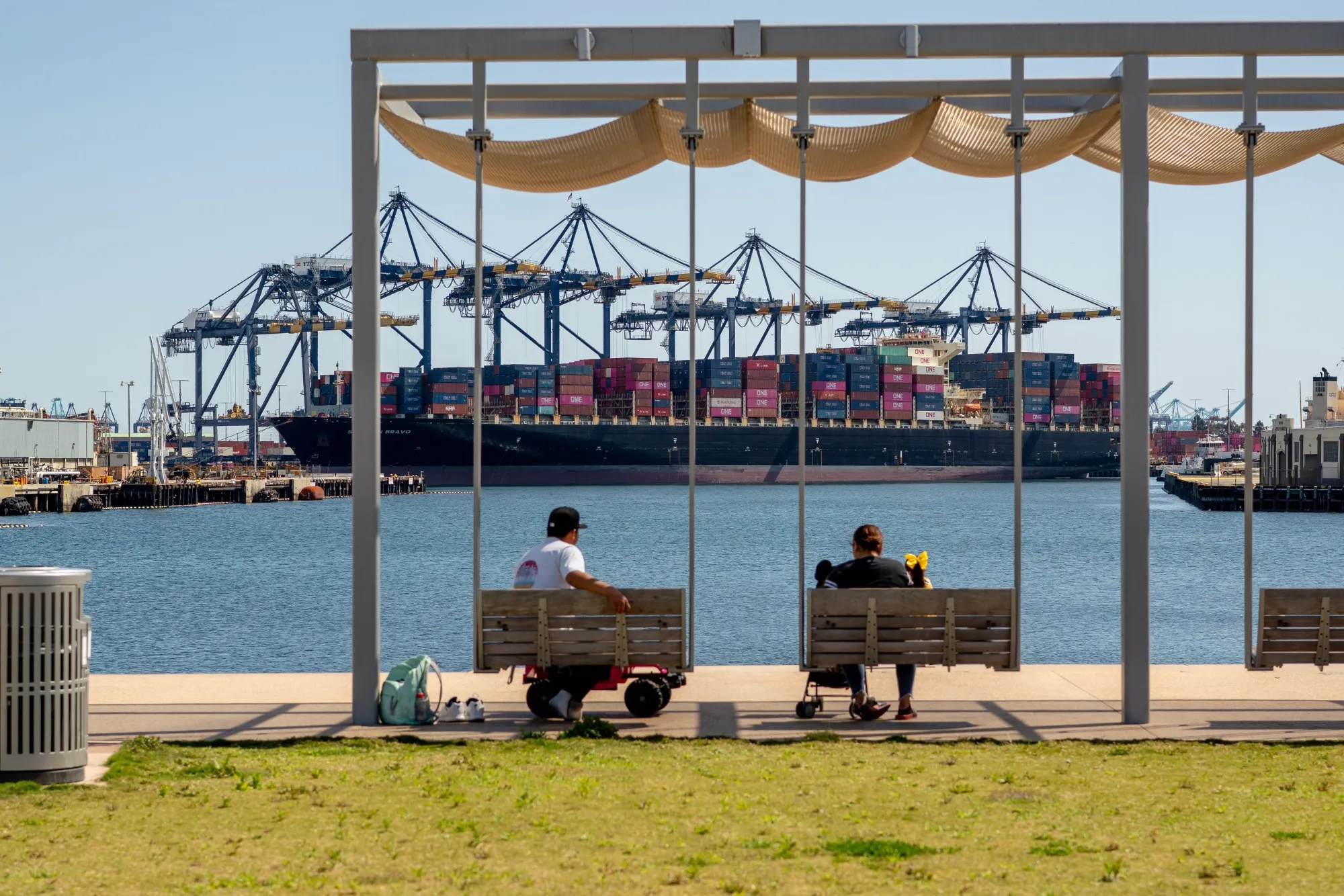 A container ship at the Port of Los Angeles in Los Angeles.