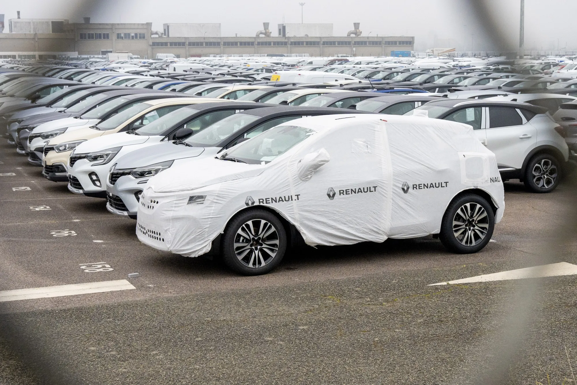 Newly manufactured automobiles ready for shipping outside the Renault SA factory in Flins, France.