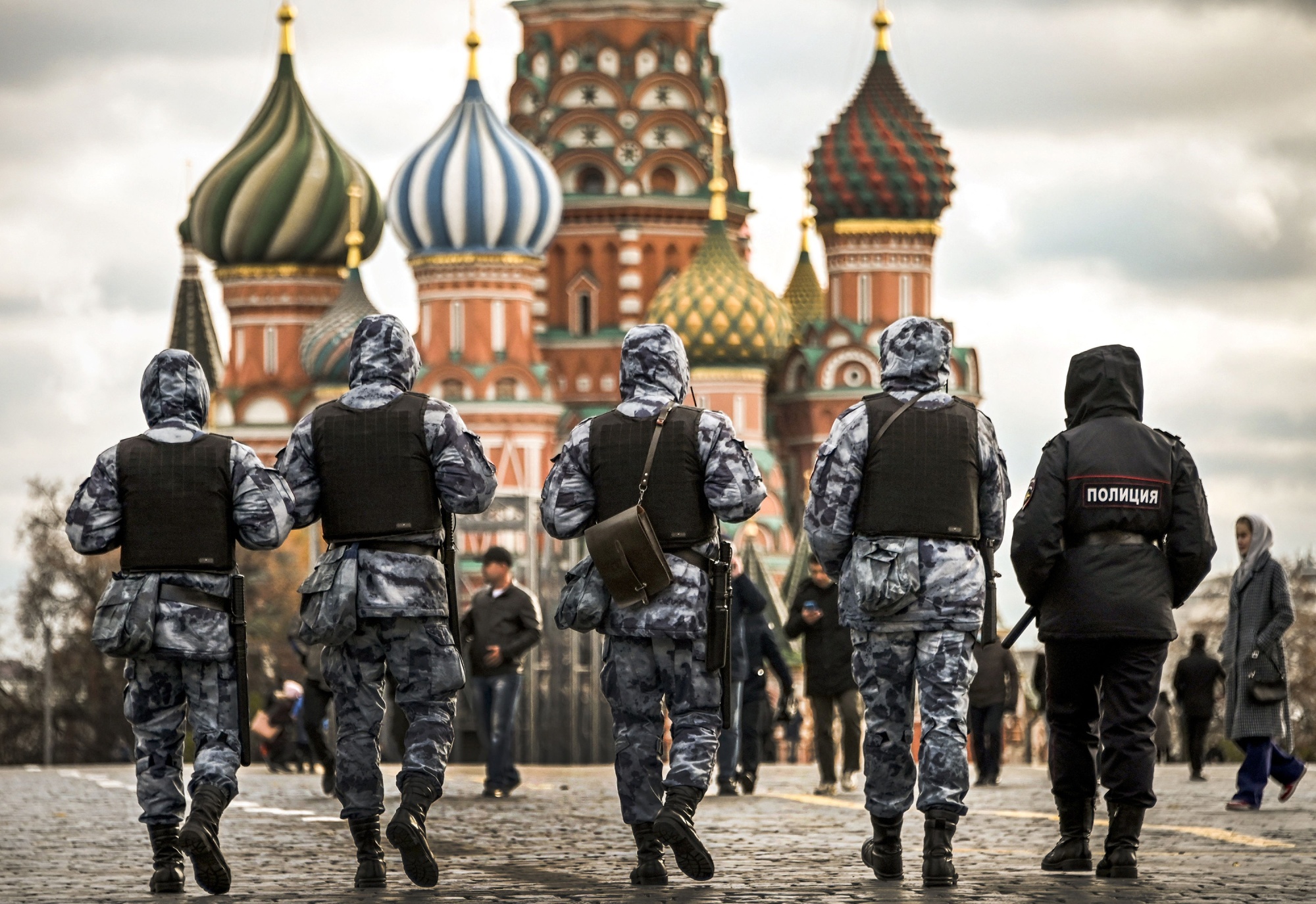 Russian police and National Guard&nbsp;patrol Red Square in Moscow on Oct. 20.