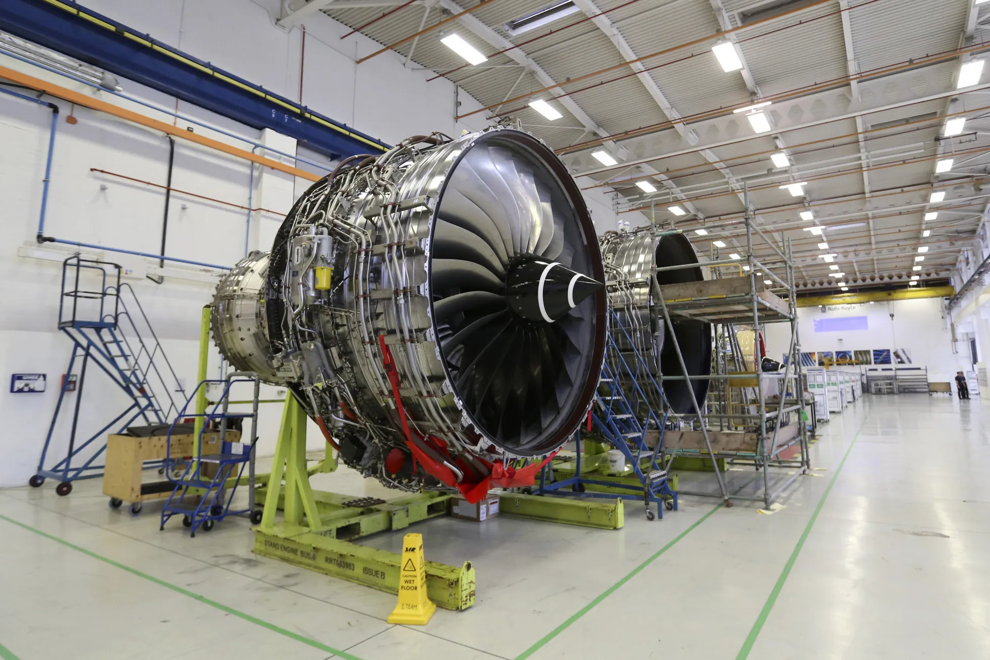 Trent XWB aircraft engines stand on the production line at the Rolls-Royce factory in Derby, UK.