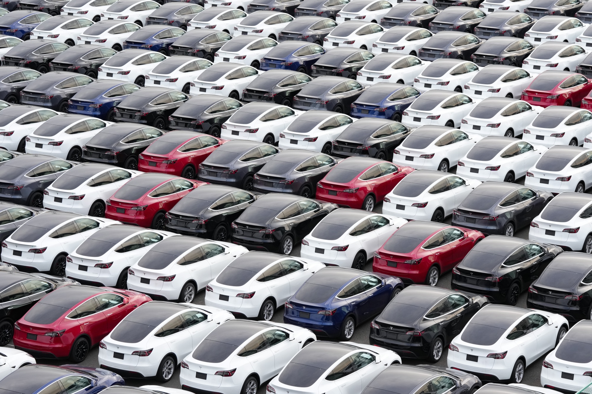 Tesla vehicles parked after arriving at the port in Yokohama, Japan, in October.
