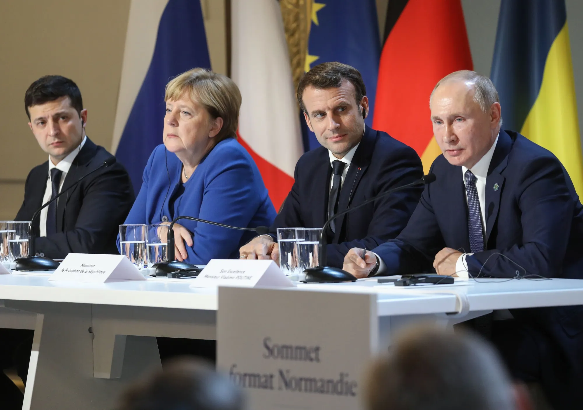 Volodymyr Zelensky, Angela Merkel, Emmanuel Macron and Vladimir Putin on Dec. 9.