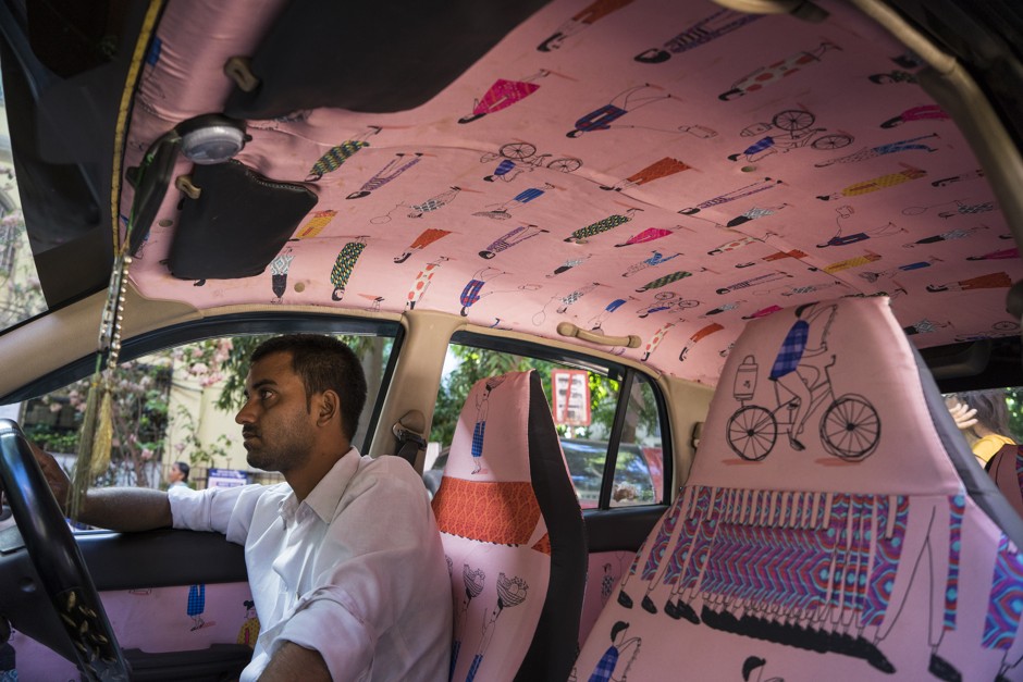 The bright pink interior of this taxi, by artist Pranita Kocharekar, reflects the diversity of Mumbai.