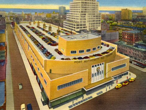 A vintage postcard showing the Port Authority Bus Terminal on Eighth Avenue and 41st Street in Manhattan, with a view of New Jersey in the distance.