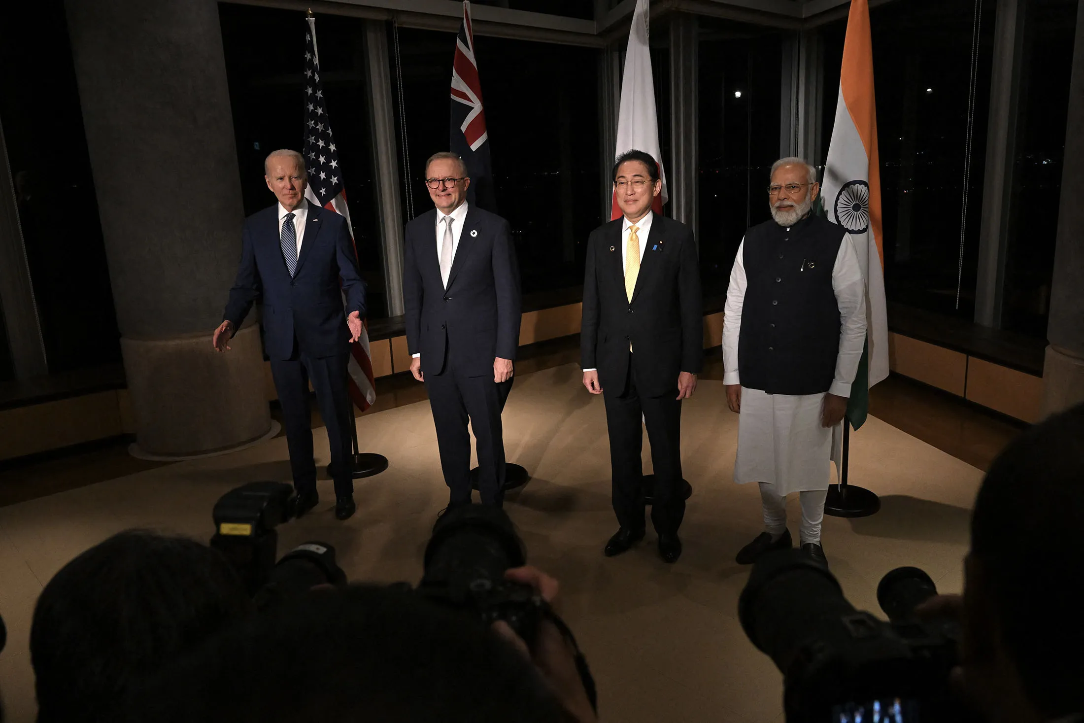 US President Joe Biden, from left, Australia's Prime Minister Anthony Albanese, Japan's Prime Minister Fumio Kishida, and India's Prime Minister Narendra Modi during a quad meeting in Hiroshima, on May 20, 2023.