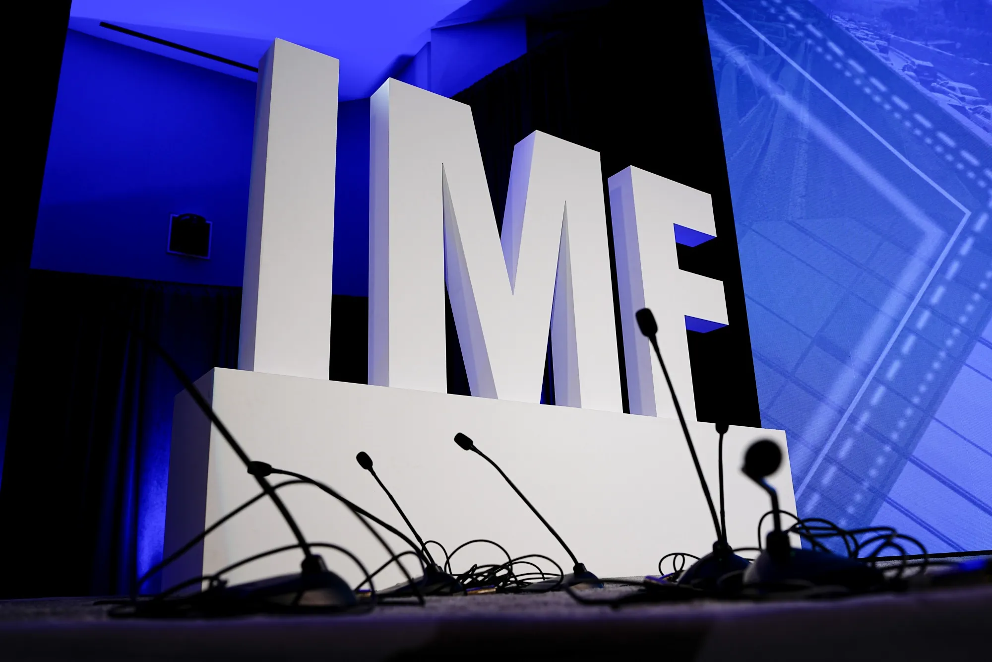 Signage during the International Monetary Fund (IMF) and World Bank Fall meetings at the IMF headquarters in Washington, DC.