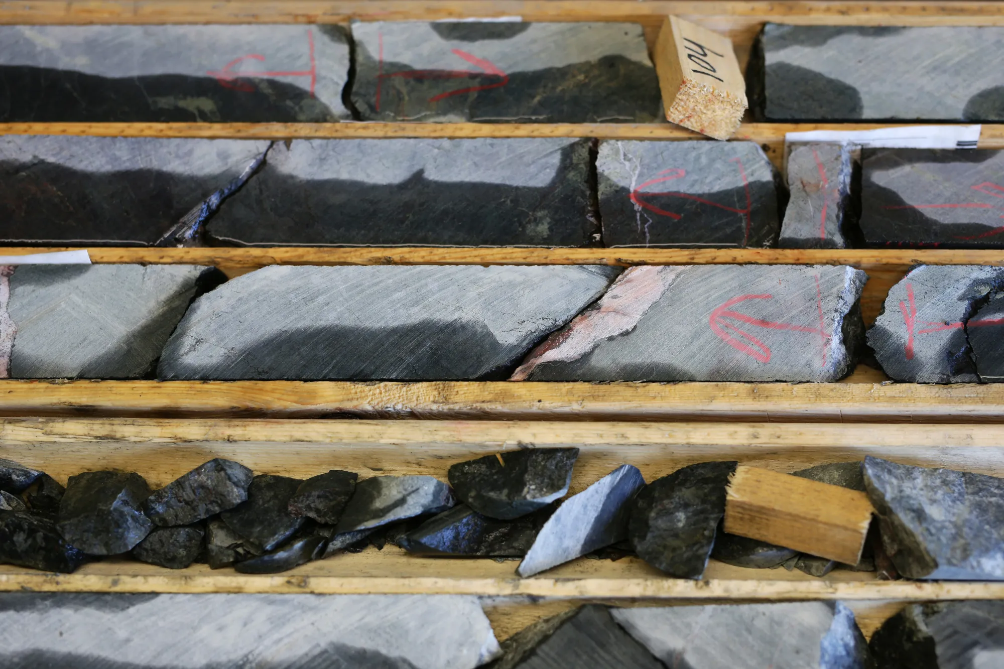 Mineral deposits are seen on core samples displayed at a First Cobalt Corp. facility outside of Cobalt, Ontario, Canada, on Thursday, Oct. 12, 2017. Global demand for cobalt, a component in batteries used to power electric cars for automakers from Tesla Inc. to Volkswagen AG, is changing the importance of the metal. Cobalt, both the town and the metal, are attracting renewed attention as a buffer to rising political risks in the Democratic Republic of Congo.