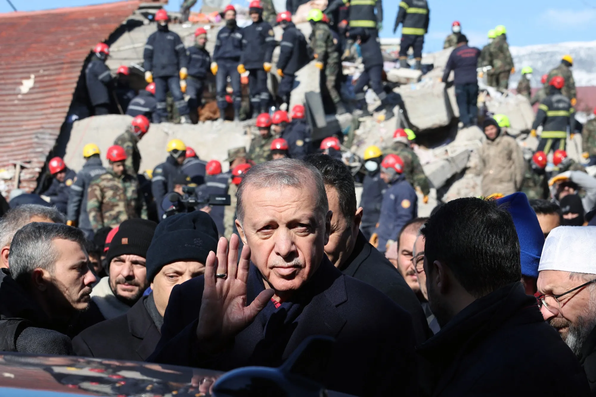 Erdogan visiting the earthquake zone on Feb. 8.