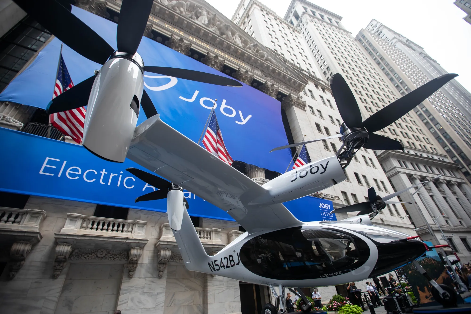 A Joby Aviation&nbsp;Electric Vertical Take-Off and Landing (eVTOL) aircraft outside the New York Stock Exchange&nbsp;in New York, in 2021.&nbsp;