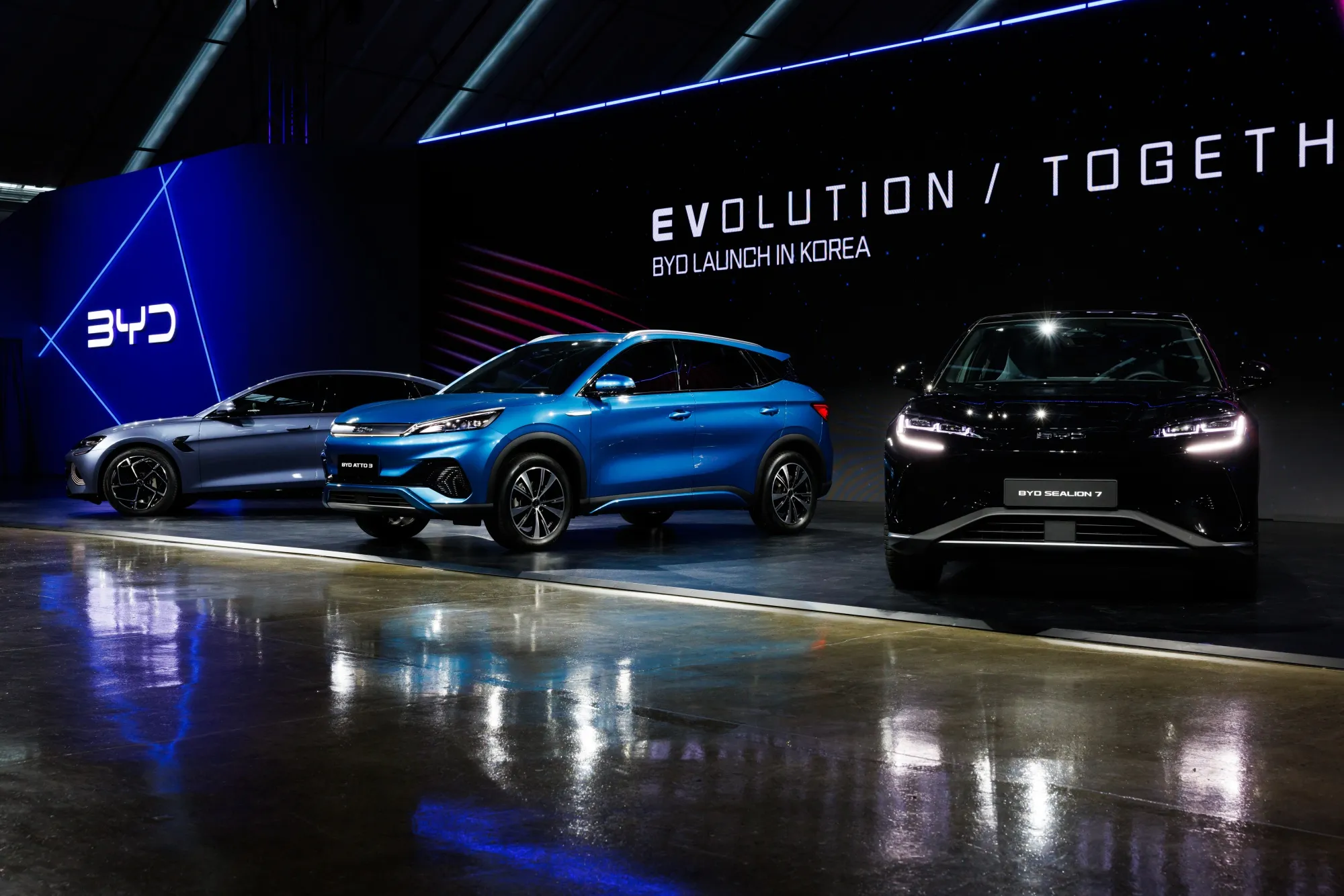 BYD Seal, Atto 3 and Sealion 7 during a launch event in Incheon.