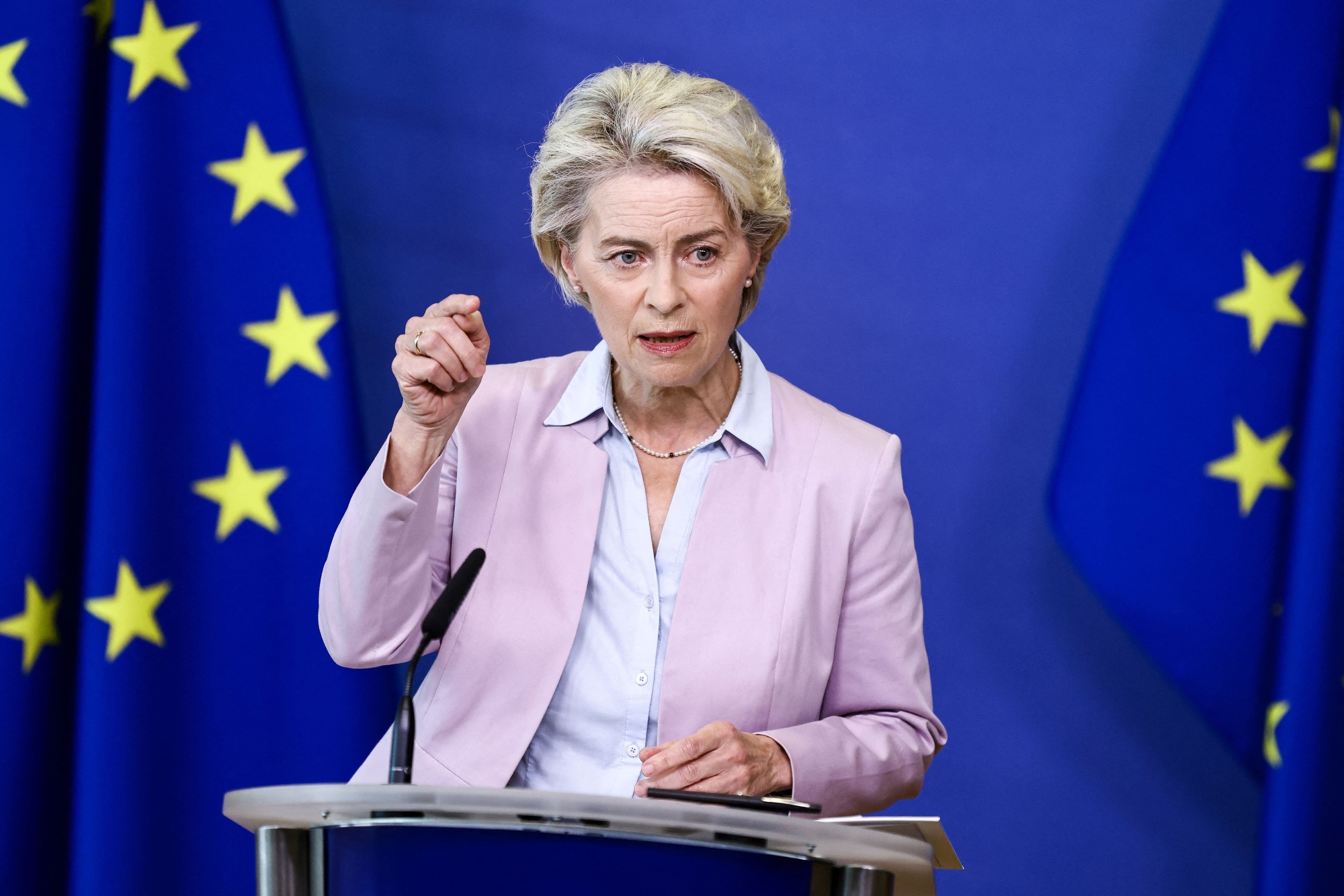Ursula von der Leyen speaking at EU headquarters in Brussels, on Sept. 7.