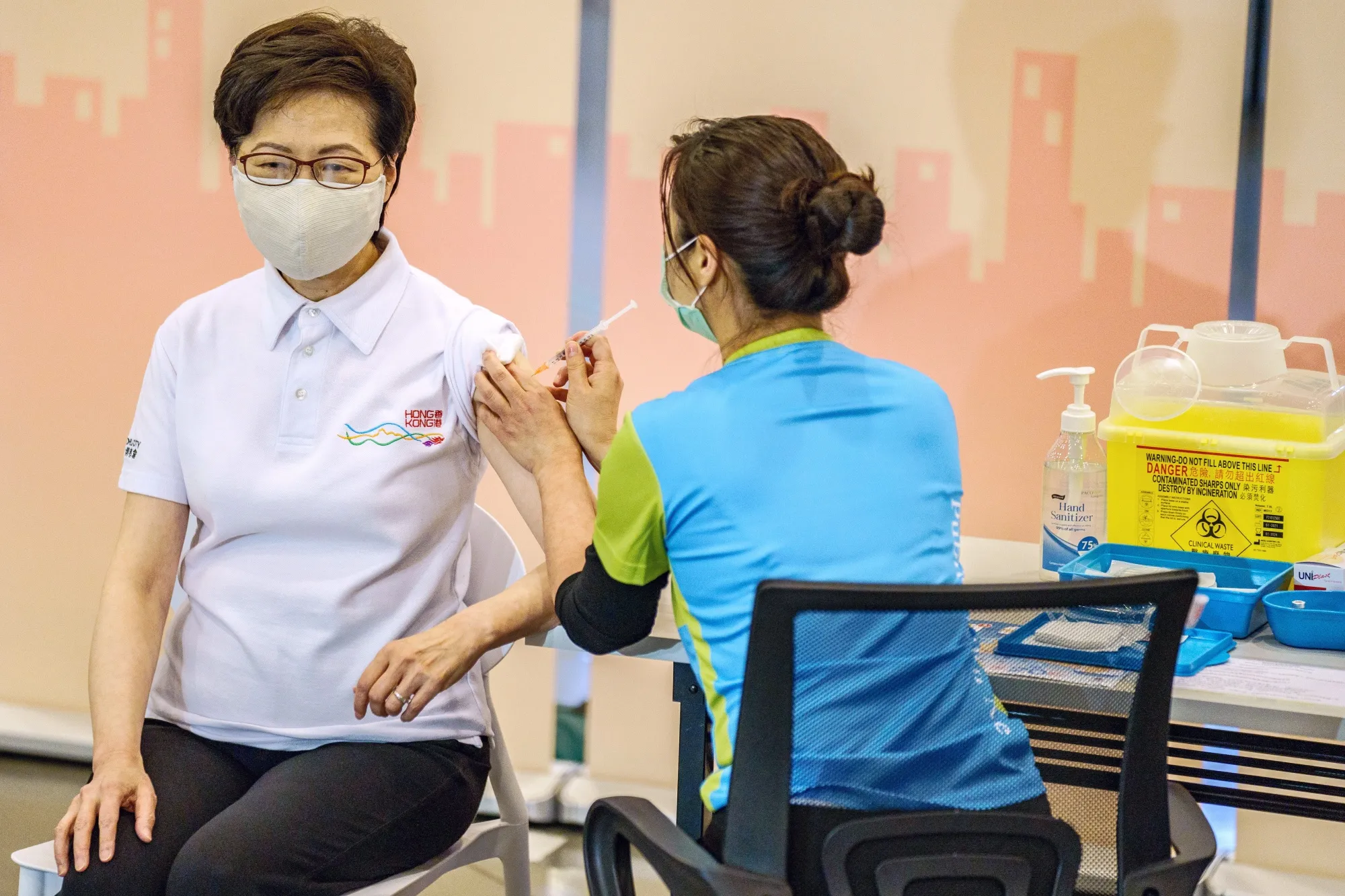 Carrie Lam receives a dose of the Sinovac vaccine on Feb. 22.