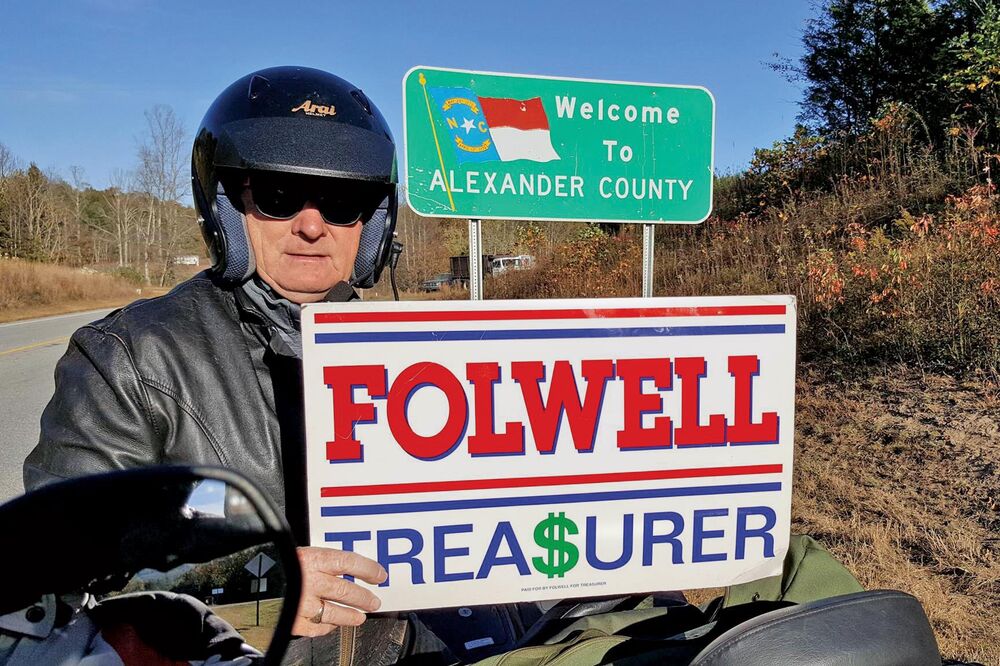 Folwell campaigning on his motorcycle