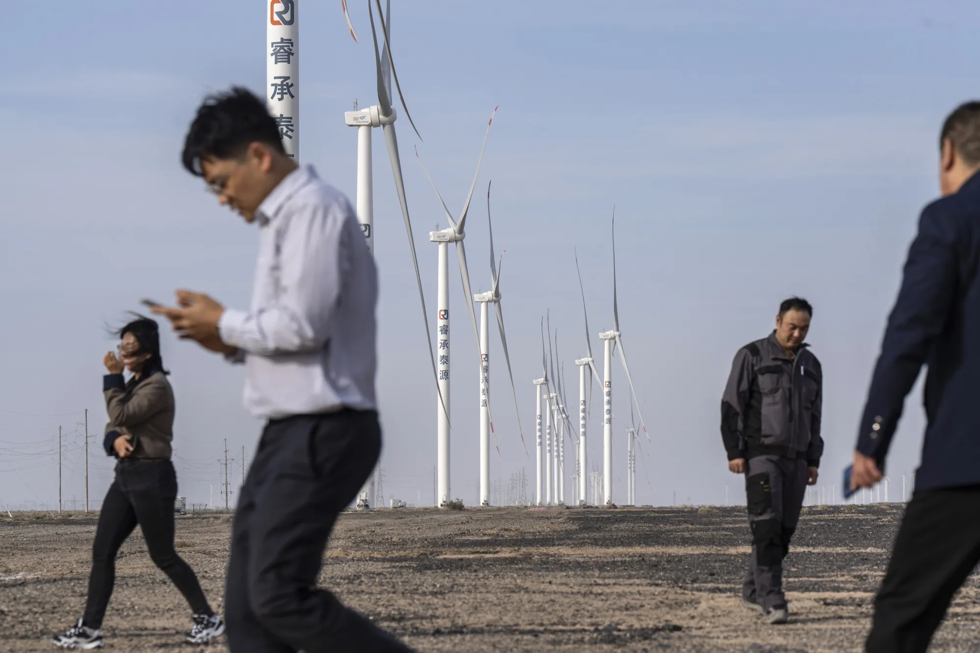 Wind turbines at the Beidaqiiao Sixth Wind Farm project in Jiuquan, Gansu Province, China.