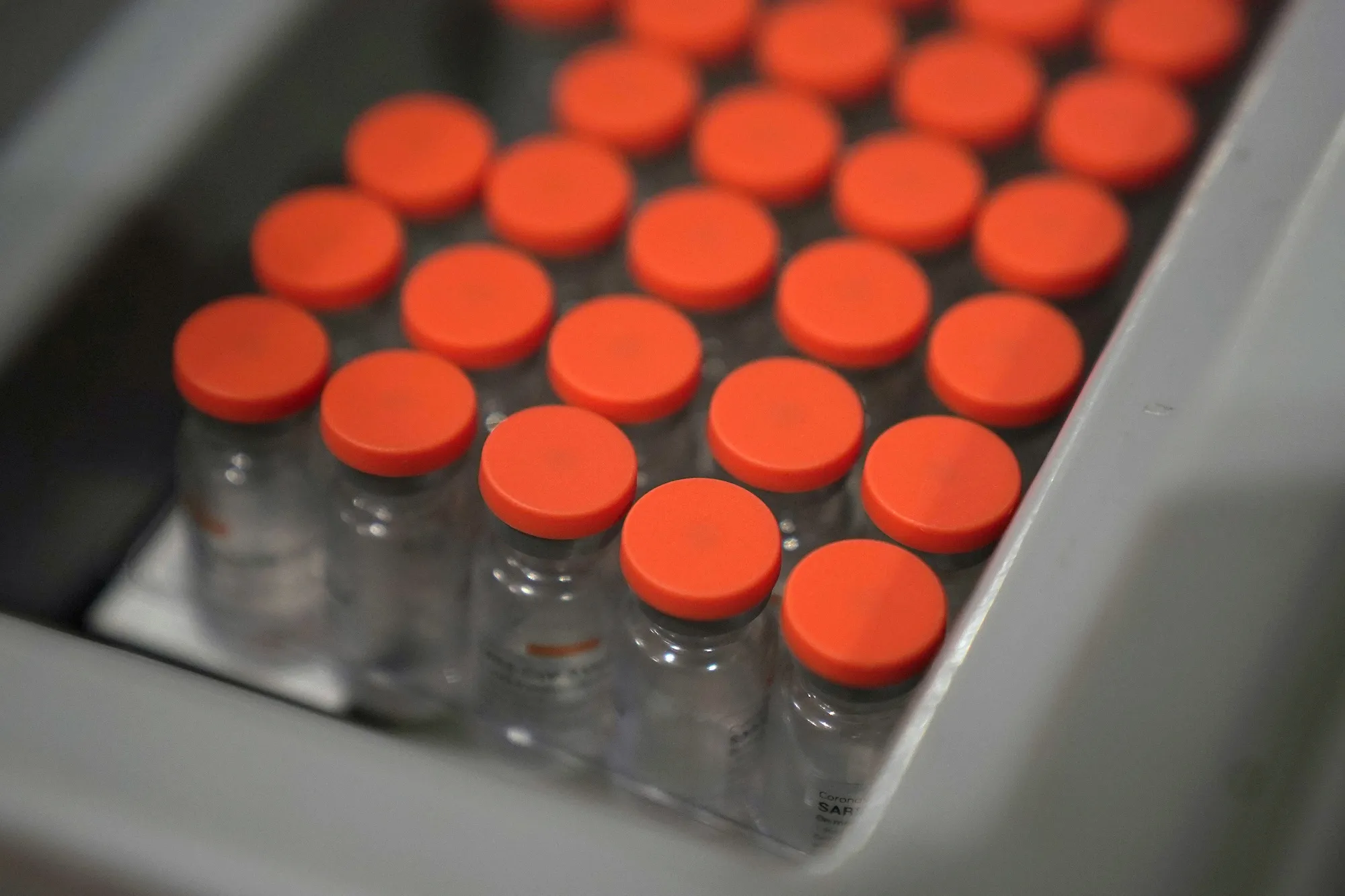 A tray with vials of the Sinovac&nbsp;Biotech Ltd. Covid-19 vaccine.