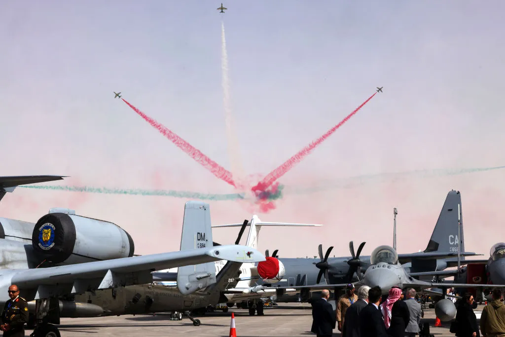 The Saudi Falcons aerobatic flight team performs at the 'World Defense Show 2024' near&nbsp;Riyadh, Saudi Arabia on Feb. 4.
