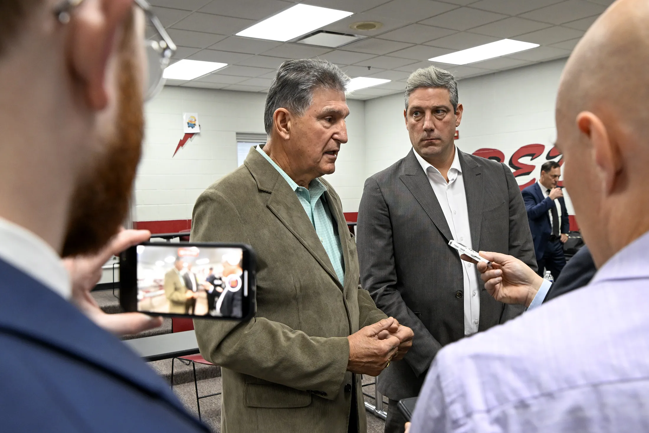 Joe Manchin, left, and Tim Ryan in Piketon, Ohio, on Oct. 20.