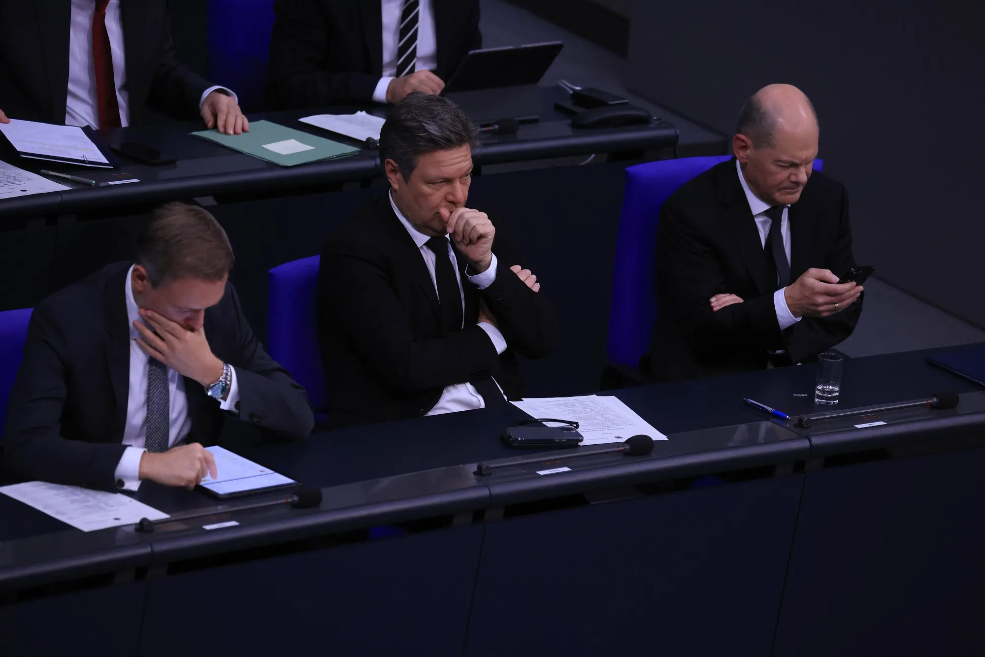 Christian Lindner, left, Robert Habeck and Olaf Scholz in Berlin, on Jan. 31.