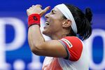 Ons Jabeur, of Tunisia, reacts after losing a point to Iga Swiatek, of Poland, during the women's singles final of the U.S. Open tennis championships, Saturday, Sept. 10, 2022, in New York. (AP Photo/Matt Rourke)