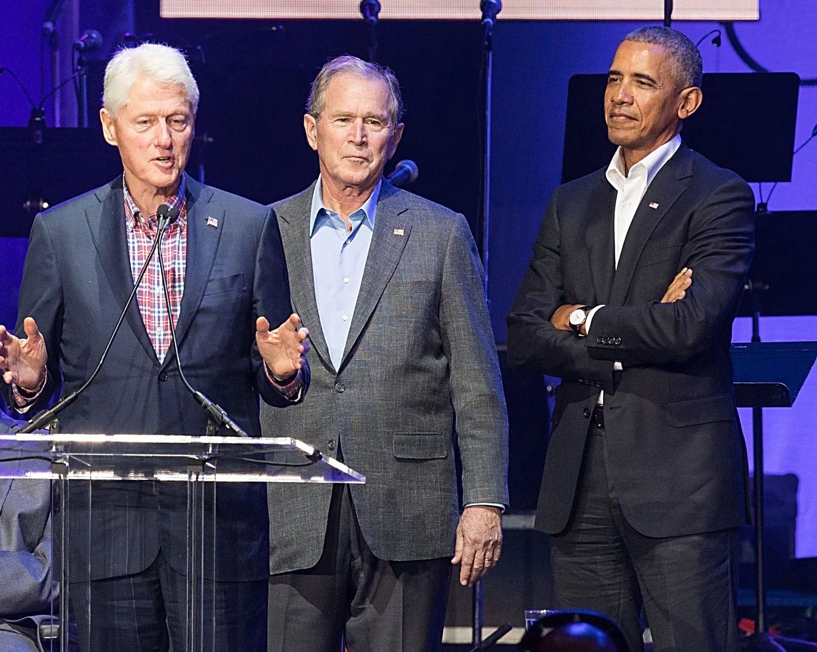 Former U.S. presidents Bill Clinton, George W. Bush, and Barack Obama at an event at&nbsp;Texas A&amp;M University in 2017.