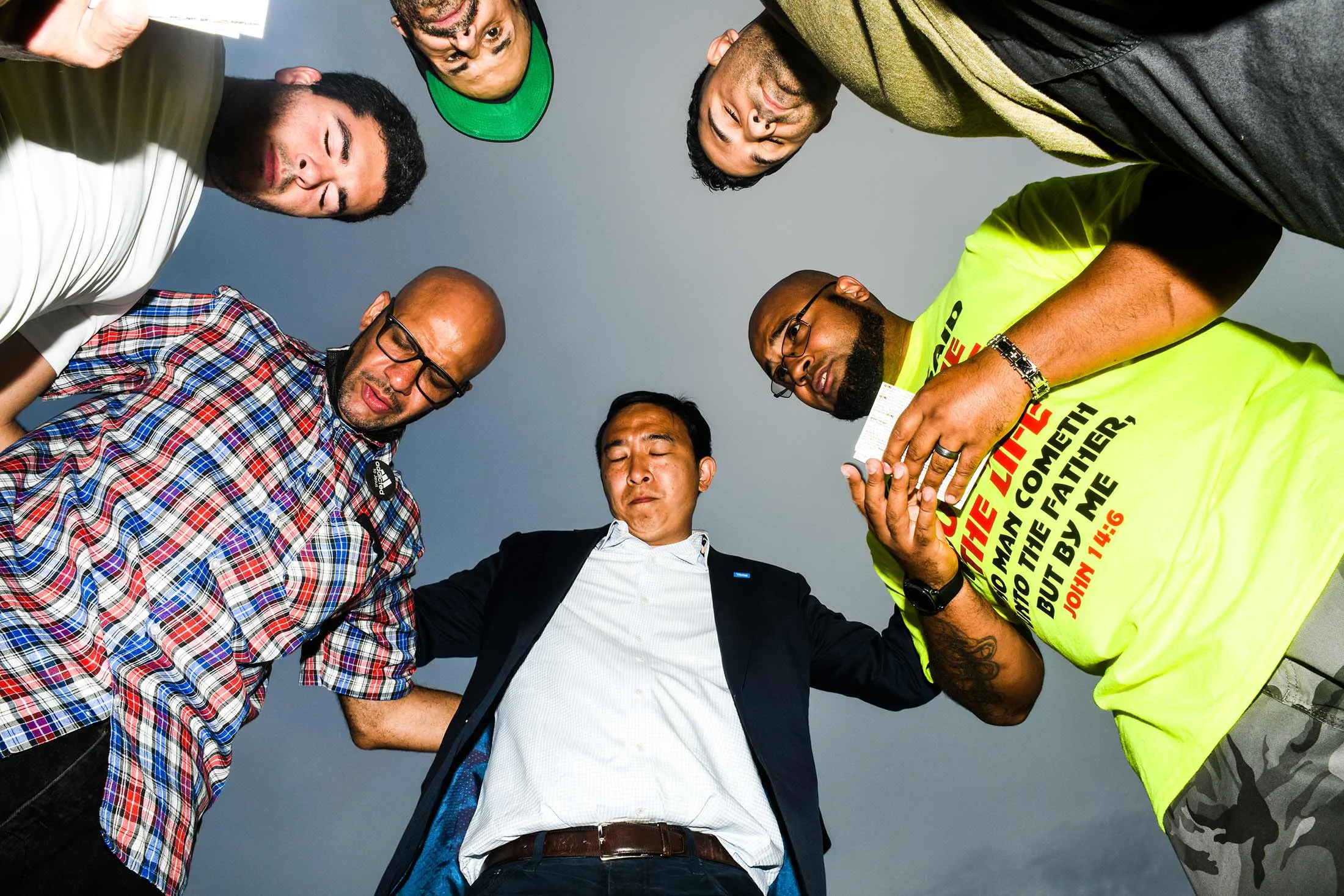 Andrew Yang joins in a prayer circle outside Barclays Center&nbsp;in Brooklyn on&nbsp;May 22.