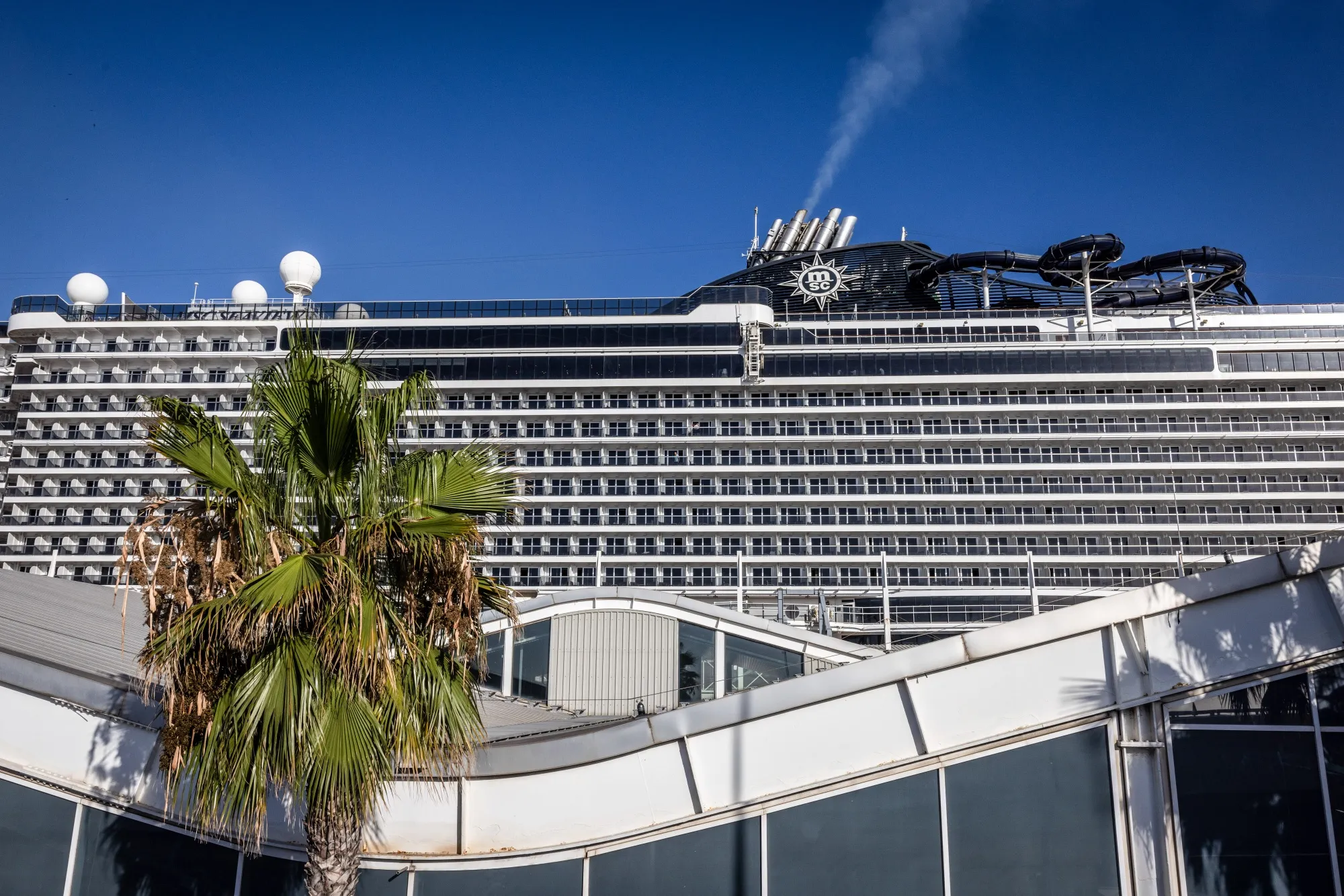 An MSC Cruises ship at the Port of Barcelona in Spain.