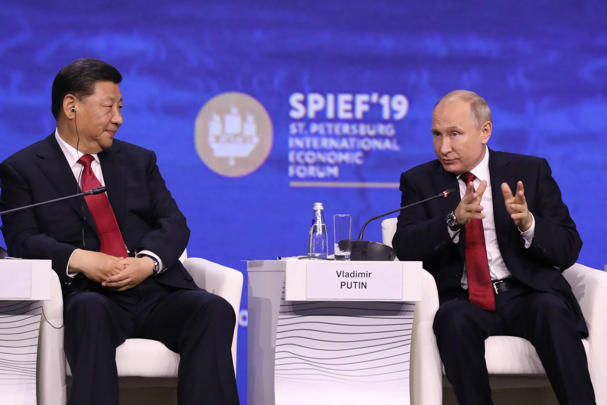 Putin and Xi at the St. Petersburg International Economic Forum in Russia in 2019.