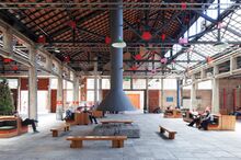 SESC Pompeia, Sao Paulo, Brazil. Architect: Lina Bo Bardi, 1982. Interior view of art space.