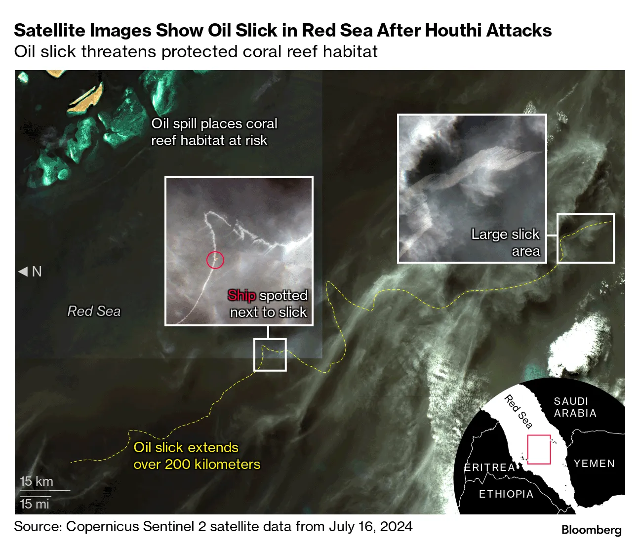 Satellite Images Show Oil Slick in Red Sea After Houthi Attacks | Oil slick threatens protected coral reef habitat